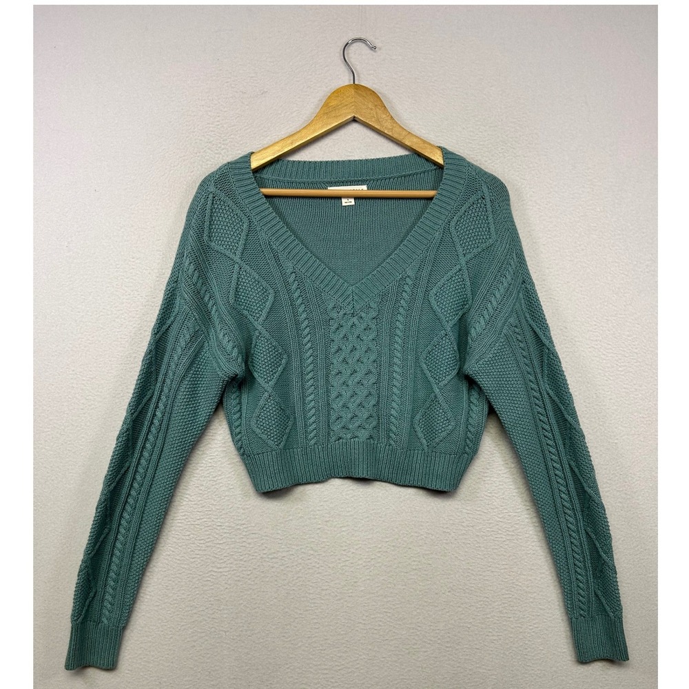 Cottagecore Aeropostale Womens Small Teal Cropped Cable Knit V-Neck Sweater